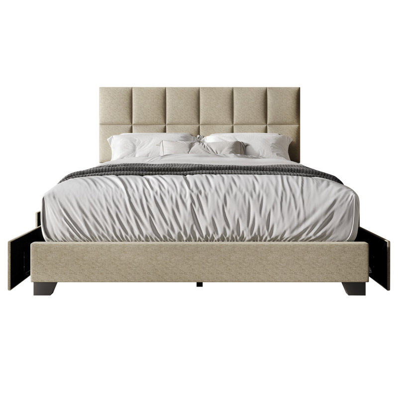 Lit plateforme tapissier avec rangement Lawi, Beige foncé, Très grand