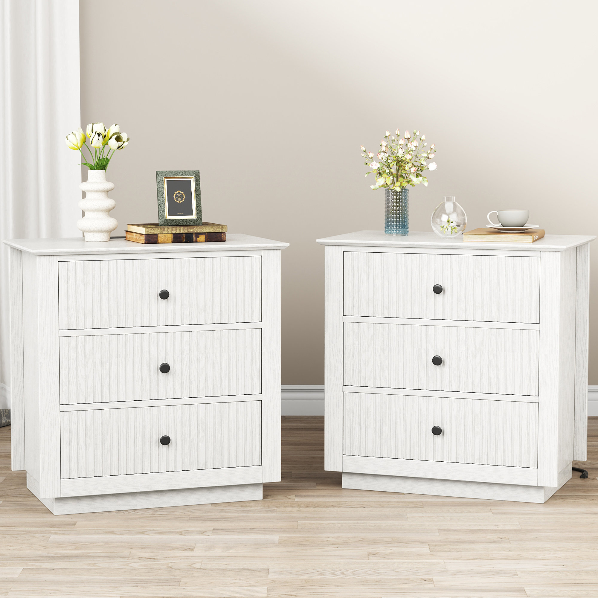 24" W x 26" H Modern Wood Fluted Front 3-Drawer Nightstand with Built-in Outlets (Set of 2) - White