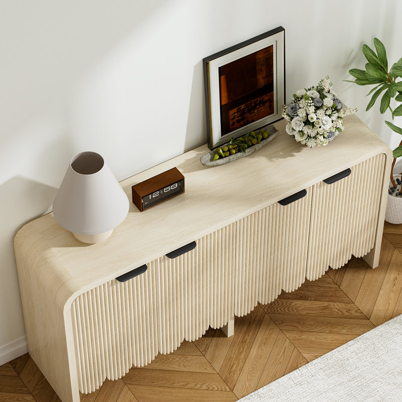 Mid-century Modern Fluted Sideboard With Scalloped Bottom, 4-door Accent Cabinet With Adjustable Shelves For Living Room, Dining Room
