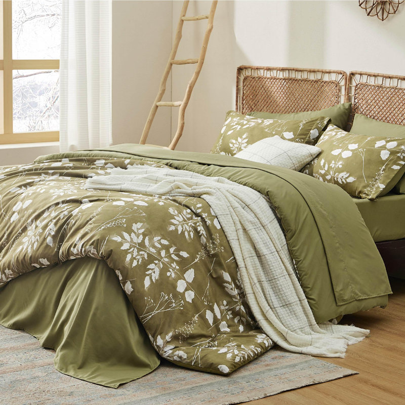 Bedsure Bed in a Bag - Reversible Flroal & Plant Pattern Printed with Comforters, Sheets, Pillowcases & Shams, 89GSM