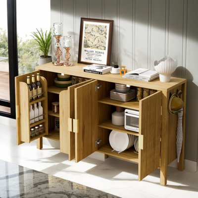57.5" Sideboard With Storage, 4-Door Stripe Door Storage Cabinet With Side Hooks, Back-Of-Door Storage Racks, Adjustable Shelves, MDF Cabinet With Aluminum Handles