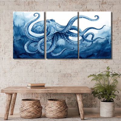 «Blue Watercolor Octopus Ocean Art Gallery», ensemble de 3 impressions sur toiles tendues