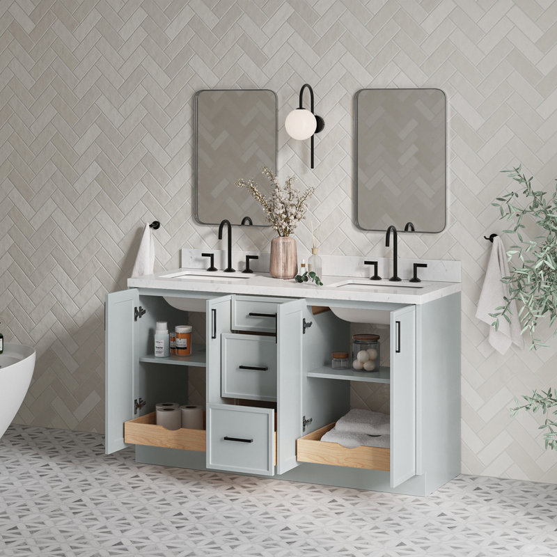 Meuble-lavabo double rectangulaire 60 po avec comptoir en quartz de Carrare Ariel Kelly, Gris