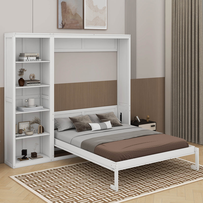 Grand lit escamotable avec tablettes, Blanc