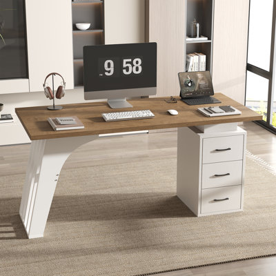 Farmhouse Executive Desk With 3 Drawers, 55 Inch Large Rustic Office Desk, Sturdy Manager Desk With Inclined Legs & Thick Top For Home Office, Writing by 17 Stories