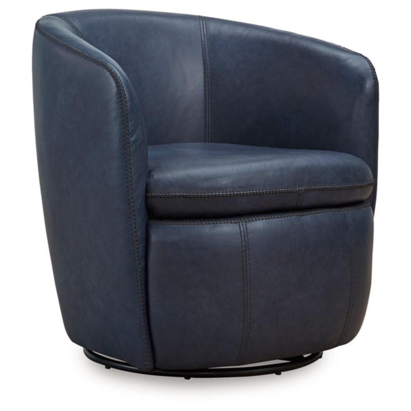 Blue Leather Barrel Back Swivel Chair