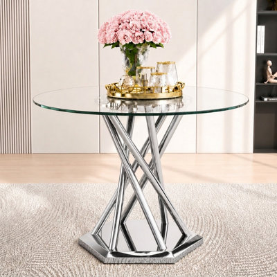 Table de salle à manger ronde 47,2 "en verre trempé pour 4 à 6 personnes, table de salle à manger ronde moderne en verre trempé avec base stable en métal