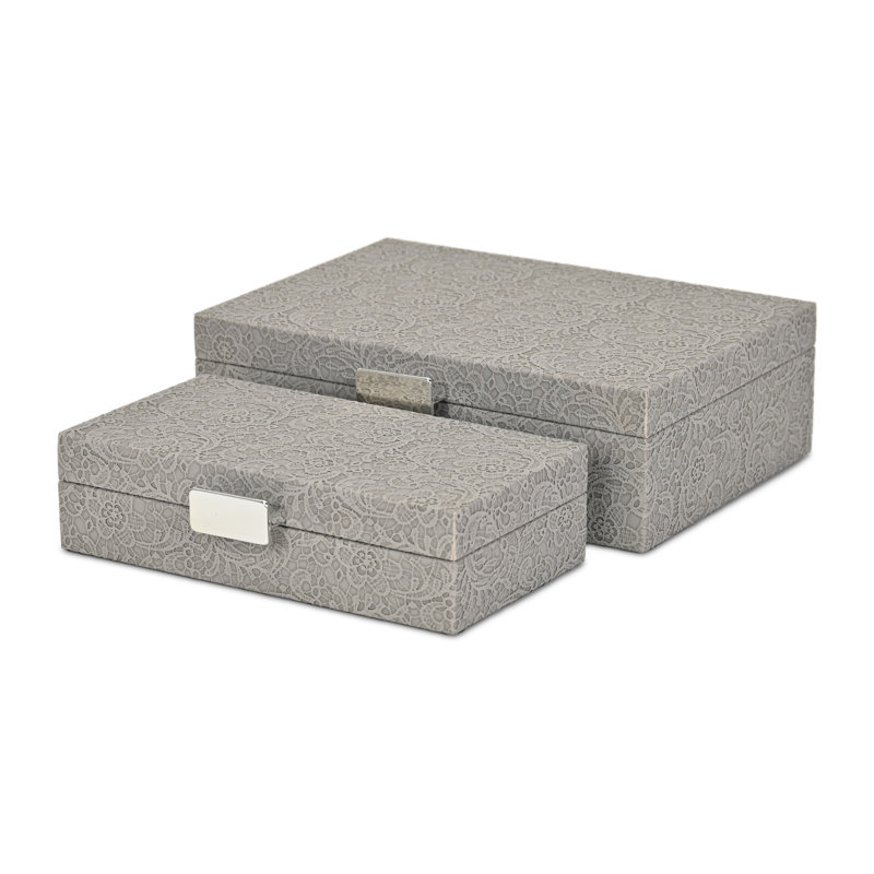 Vyrna Doily Pattern Set of 2 Storage Boxes with Silver Handles, Grey