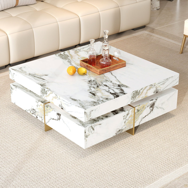 Table basse moderne carrée texturée en marbre avec 4 tiroirs et base suspendue