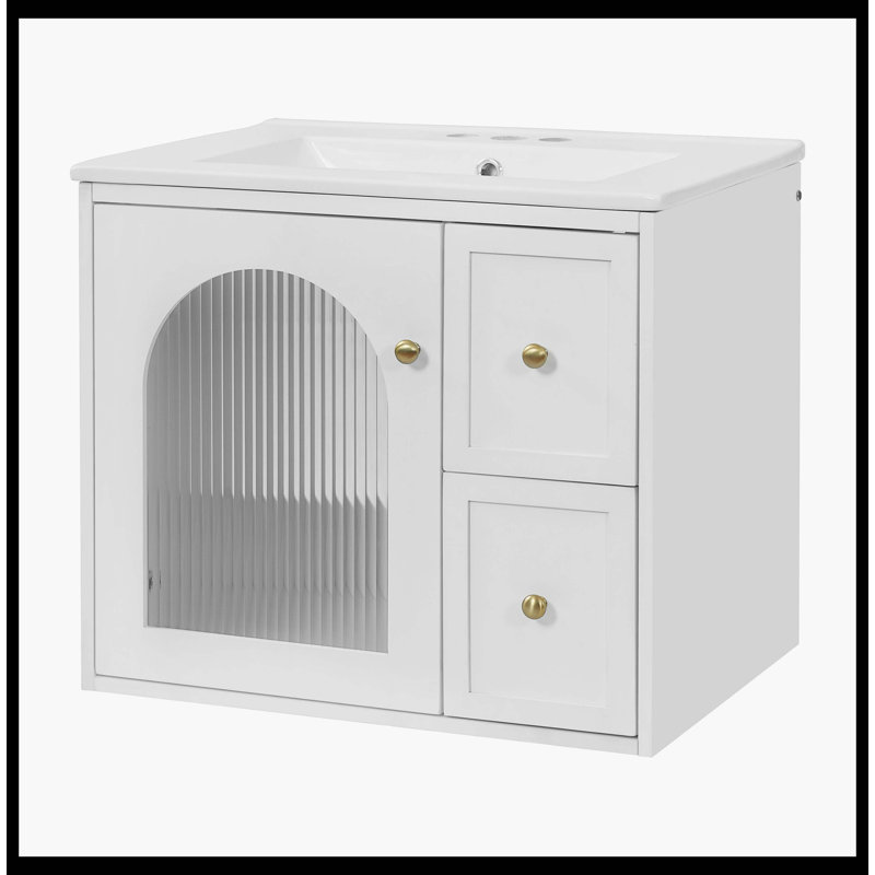 Ensemble de meuble-lavabo mural 24 po pour petits espaces, armoire avec lavabo en céramique, 2 tiroirs et 1 porte à fermeture douce
