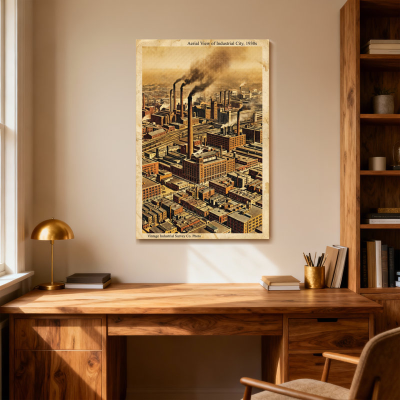 Vue aérienne de paysages industriels et de paysages urbains des années 30, H 18 po x l 12 po