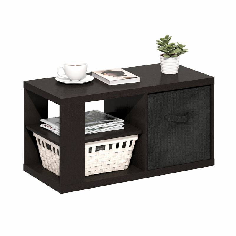 Table basse Samual, table d'appoint avec tablettes ouvertes et bac de rangement, pin ambre, Noir