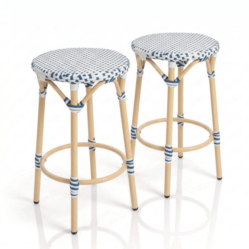 25.2" H Wicker Bar Stool, Blue/White