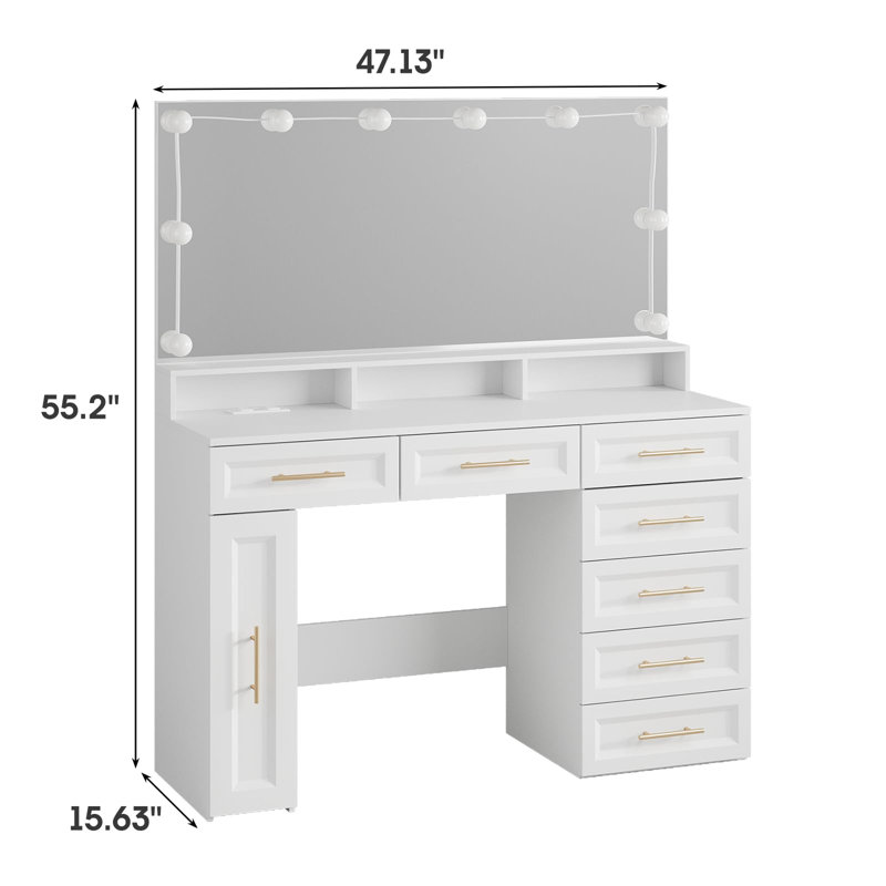 47" Large White Vanity Table With Mirror And Lights