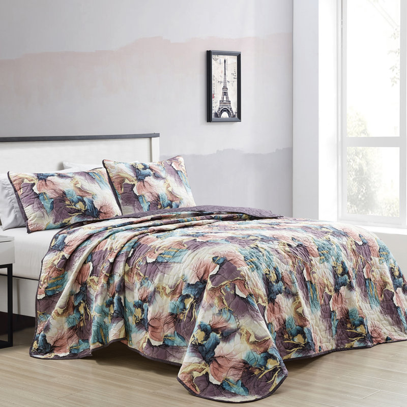 Floral Multicolor Reversible Queen Bedspread Set
