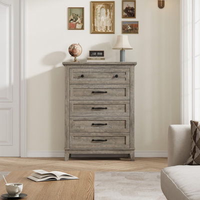 Commode à 5 tiroirs de 31,5 pouces de large en blanc et brun - Armoire de rangement avec poignées en métal exquis pour la chambre à coucher, le salon, le couloir ou l'entrée