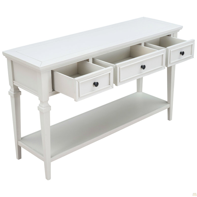 Console de style rétro classique avec trois tiroirs supérieurs et une tablette inférieure de style ouvert, facile à assembler (blanc antique)