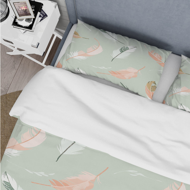 Ensemble de housse de couette rose, vert, bohémien et plumes II - Boho, Housse de couette pour grand lit + 2 taies décora