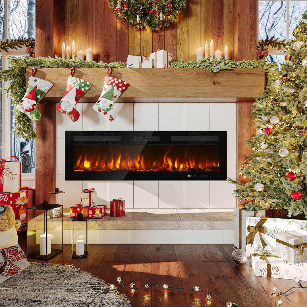 Abdulsamad 50" Electric Fireplace, Recessed & Wall Mounted Electric Heater - Crystal Stone & Log Symple Stuff