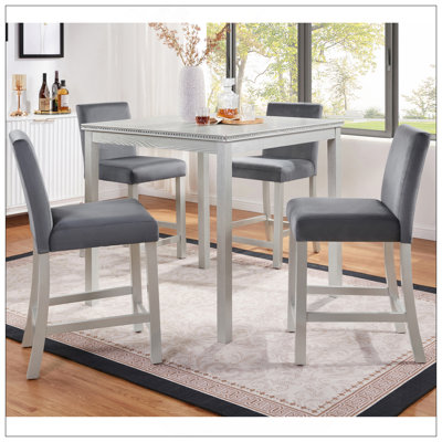 Ensemble de table 5 pièces à hauteur de comptoir, ensemble de table de cuisine en bois avec table carrée et 4 chaises rembourrées, ensemble de table de salle à manger à hauteur de comptoir avec décoration en cristal et ensemble de chaises, gris argenté