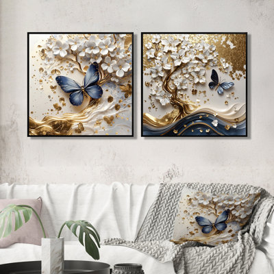 Blue Butterfly on Orchid Tree Branch III - Butterfly Animal Wall Decor - Modern Wall Art 2 Piece