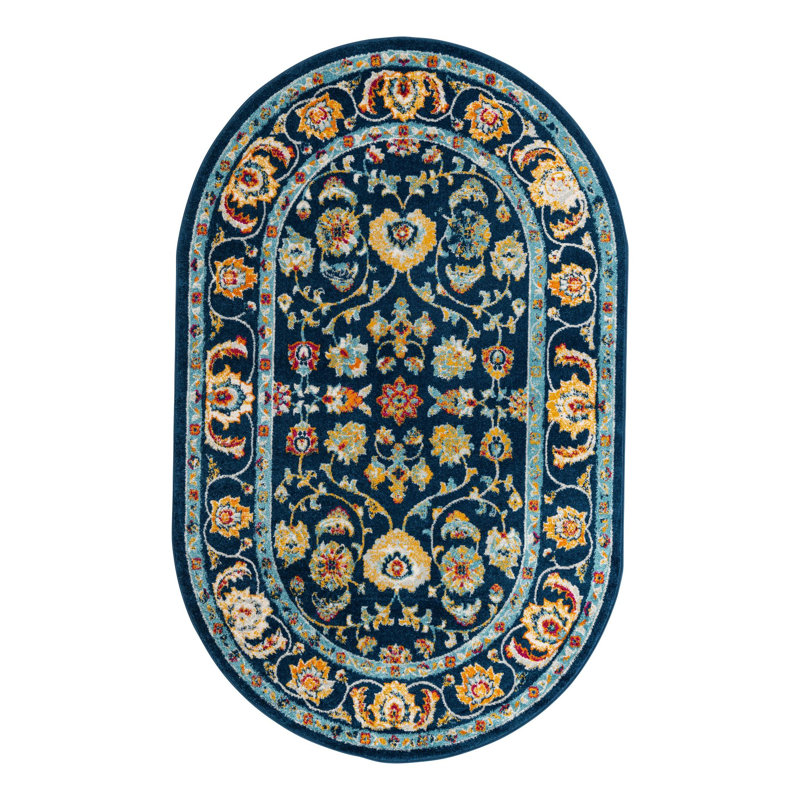 Tapis bleu / jaune / orange à motif floral Arenas, Ovale 5 pi x 8 pi