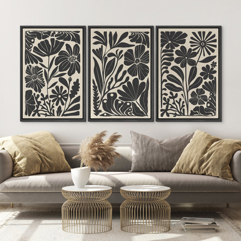 Abstrait botanique, art floral bohème noir et beige, photos murales de salon de style Mid-Century moderne, impression sur toile encadrée, 3 pièces, 16 po x 24 po x 3 pièces, 24 po x 36 po x 3 pièces, 20 po x 60 po x 3 pièces