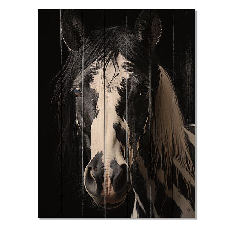 Cheval blanc noir sérénité II sur bois, H 20 po x l 10 po x P 0,78 po