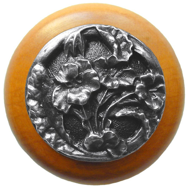 Poignée champignon floral de 1,5 po de diamètre, Étain antique / bois d'érable
