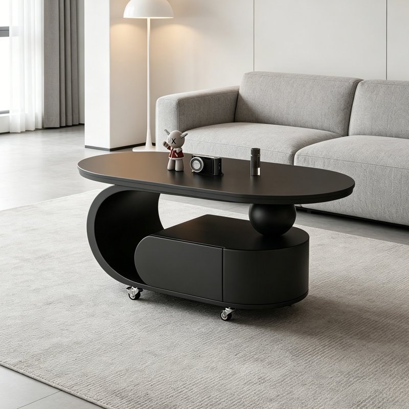 Table basse moderne de style crème, H 17,71 po x L 31,49 po x l 15,74 po, Plateau noir / base noire