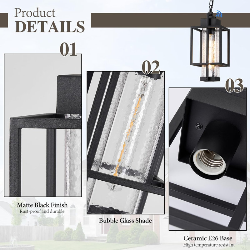 Dusk to Dawn Sensor Outdoor Pendant Light Sand Black Bubble Glass Adjustable Chain Porch Lamp