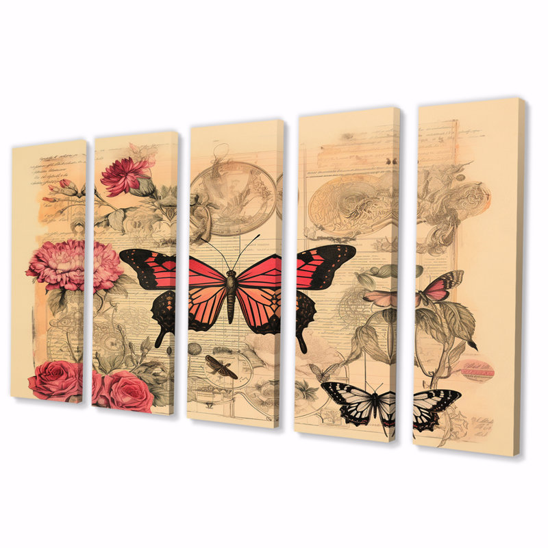 Illustration rétro d'un papillon rose romantique - reproduction sur toile d'animaux - 5 panneaux égaux