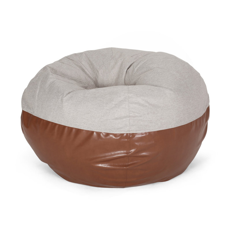 Maxi 5 Foot Two Color Fabric And Faux Leather Rounded Bean Bag, Light Grey And Coffee Brown