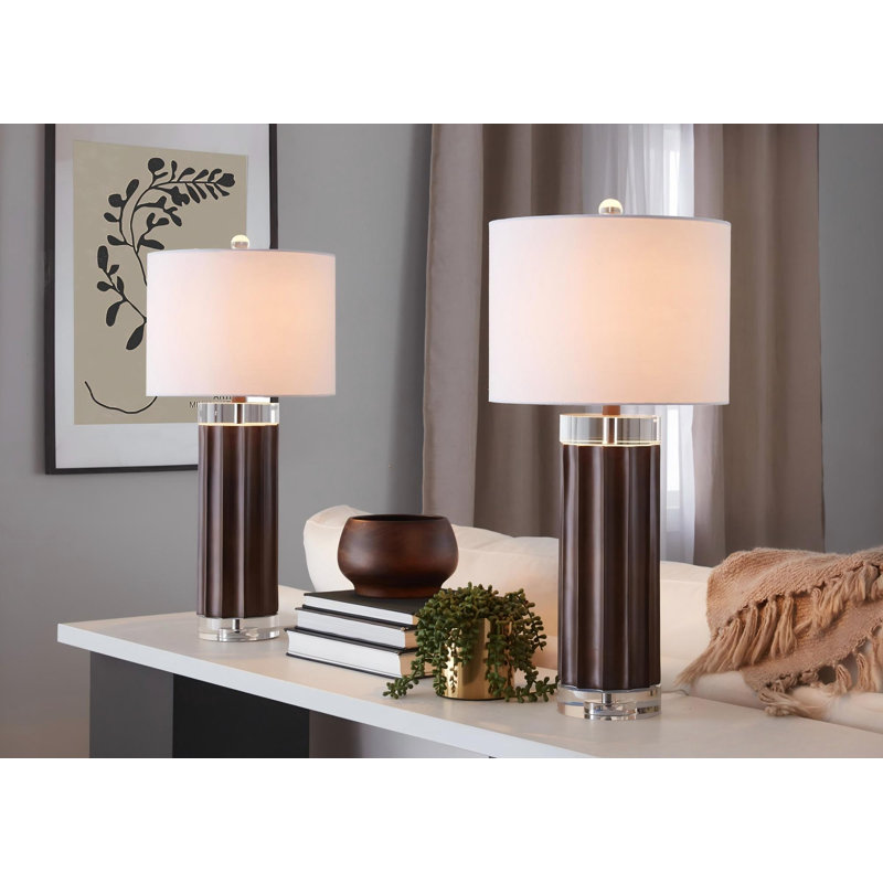 Cylinder Fluted 29.25" Contemporary Polyresin Table Lamp in Brown Lustre Polyresin, Clear K9 Crystal and White Linen Shade from - Set of 2