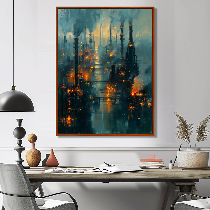 Bleu, bleu, usines, paysage industriel II, usines, art mural, salon, H 32 po x l 16 po x P 1 po