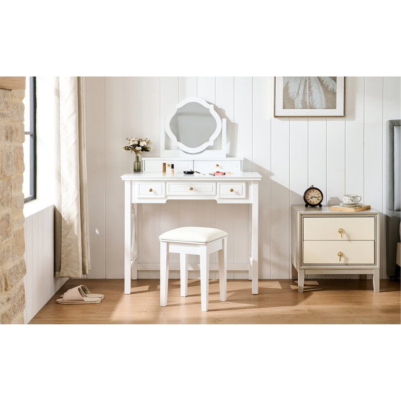 White Makeup Vanity Table With Reversible Mirror, Elegant Molding On Mirror And Legs, 5 Drawers For Organized Storage, Stool Accessories,