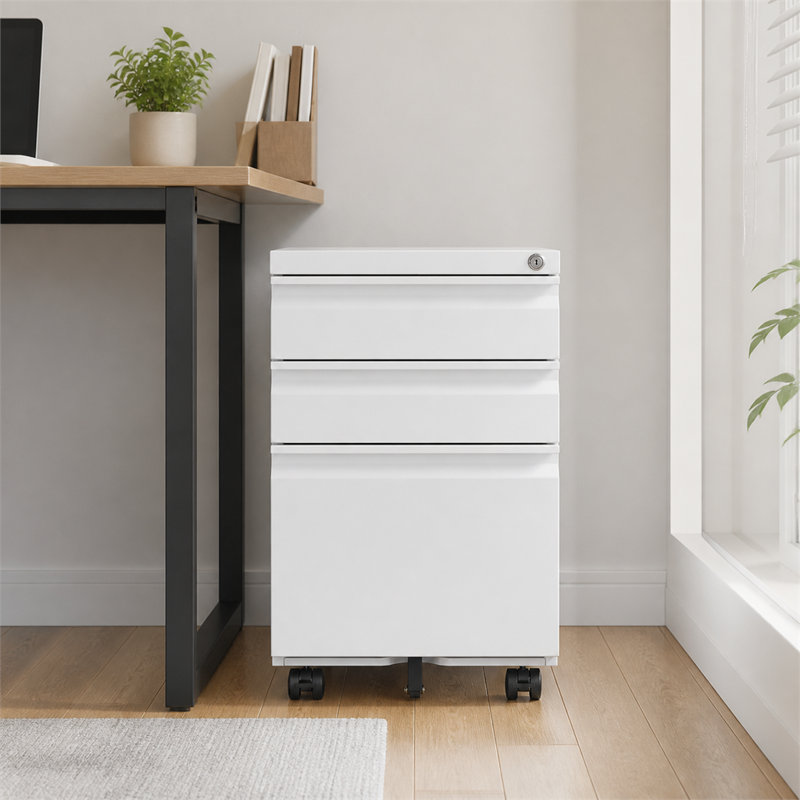 Classeur mobile 3 tiroirs en acier laminé à froid blanc avec serrure, 5 roulettes, système anti-basculement, porte-stylo et barre de suspension pour dossiers A4 et A4. Parfait pour la maison ou le bureau.