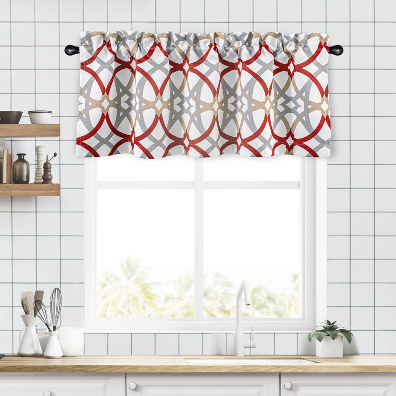 Geometric 3 Pieces Kitchen Curtain Set Tailored 52" Kitchen Curtain, Red, 52” W x 54” L