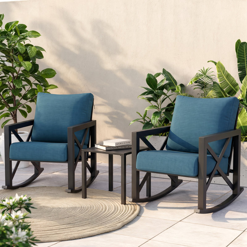 Ensemble de chaises berçantes d'extérieur pour 2 personnes avec table et coussins, Cadre noir / coussin bleu denim