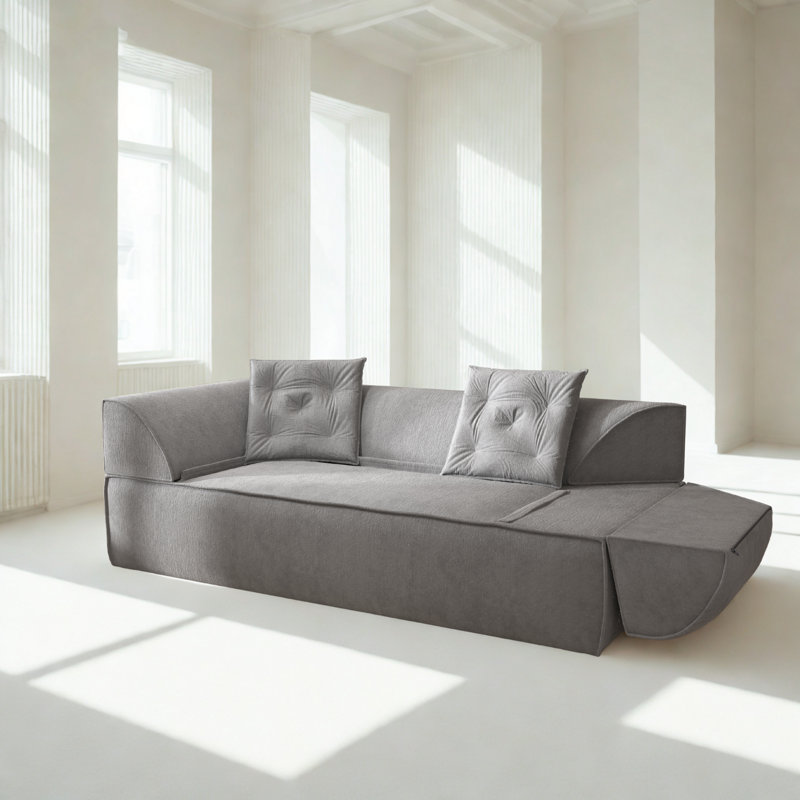 3-In-1 Convertible Sofa Bed, 79.5" Modern Deep Seat Couch With 2 Pillows, 3-Seater Sofa, Sparkling Chenille Fabric Sofa,Chaise Lounge For Living Room, Studio,Office,Grey