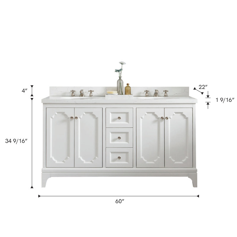 Queen 60" Sink Carrara Engineered Marble Countertop Bath Vanity with Faucet, Pure White, Hook