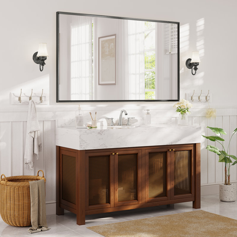 Miroir de salle de bain avec cadre en aluminium et verre trempé, 36 po x 60 po, Noir