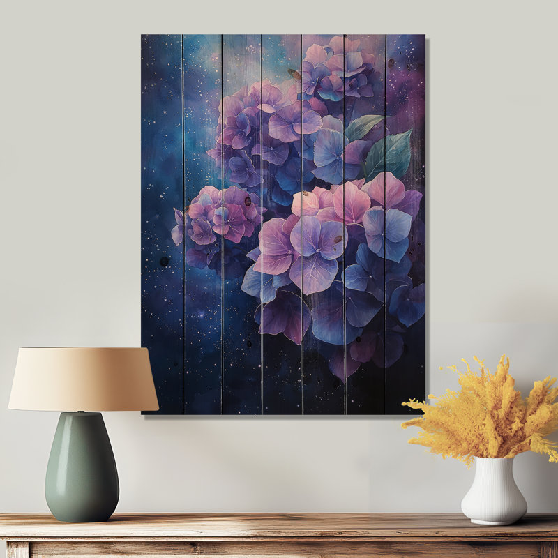 Hortensia dans l'espace - Art mural bois d'hortensia - sur bois de pin naturel, H 20 po x l 10 po x P 0,78 po