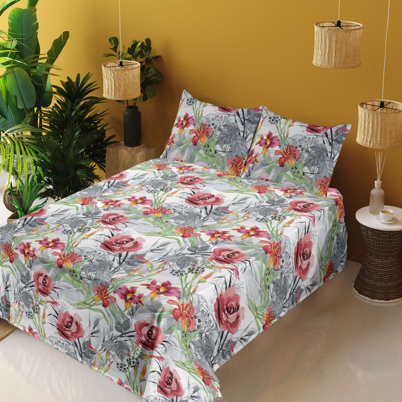 Ambesonne Watercolor Botany Sheet Set 4 Pcs Retro Boho Bloom, Pale Ruby Fern Green Dust Floral