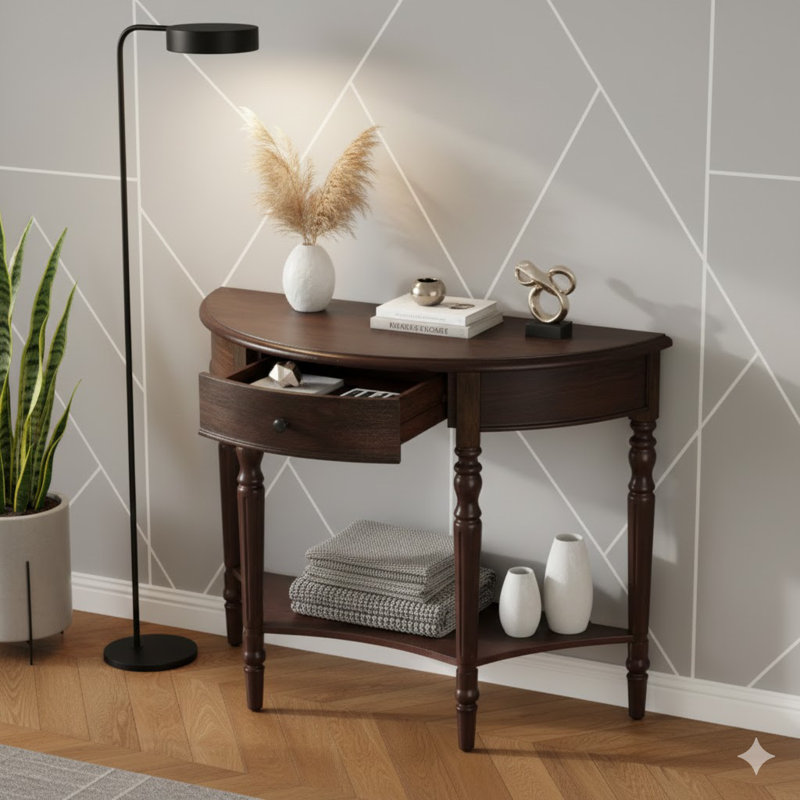 Console Trexm Farmhouse demi-lune avec tiroir et étagère