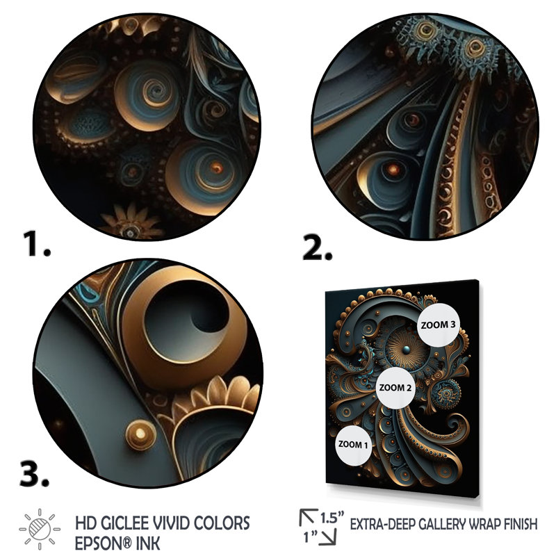 Fractal Universe in Retro Gold and Teal - reproduction sur toile, H 44 po x l 34 po x P 1,5 po, Cadre simple noir