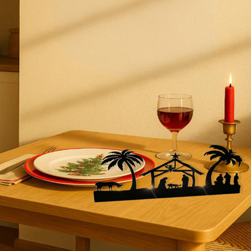 Ensemble de porte-bougies de crèche en fer noir avec palmiers