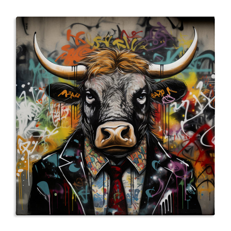 Art urbain sur toile, "Urban Graffiti Bull" par Lazar Studio, H 17 po x l 17 po