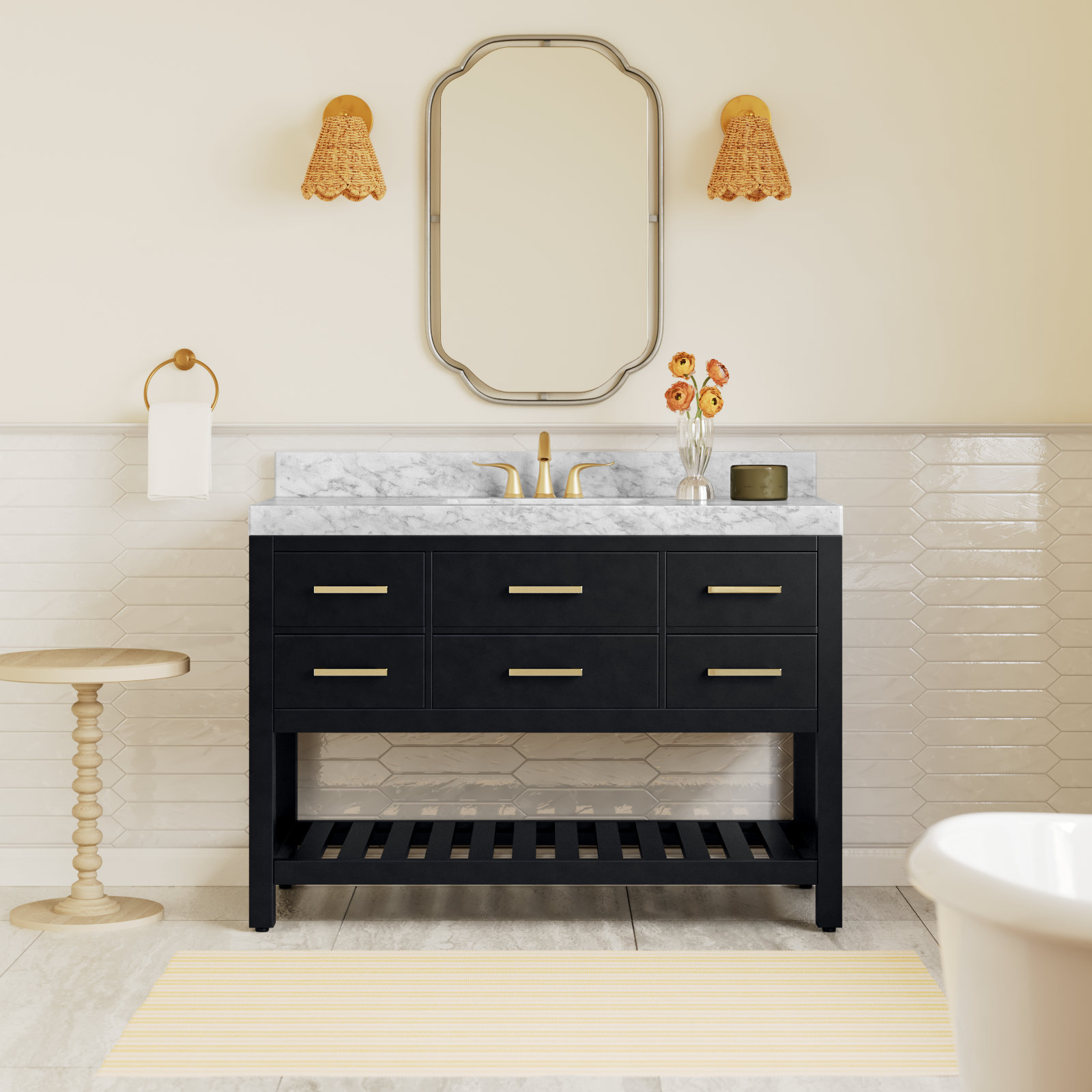 Carrie 48" Carrara Marble Single Bathroom Vanity, Black Onyx/Brushed Gold, Carrara White Marble