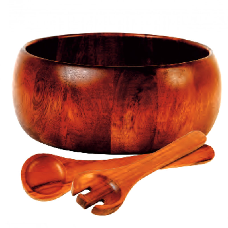 Acacia Wood 3-Piece Salad Bowl Set with Utensils
